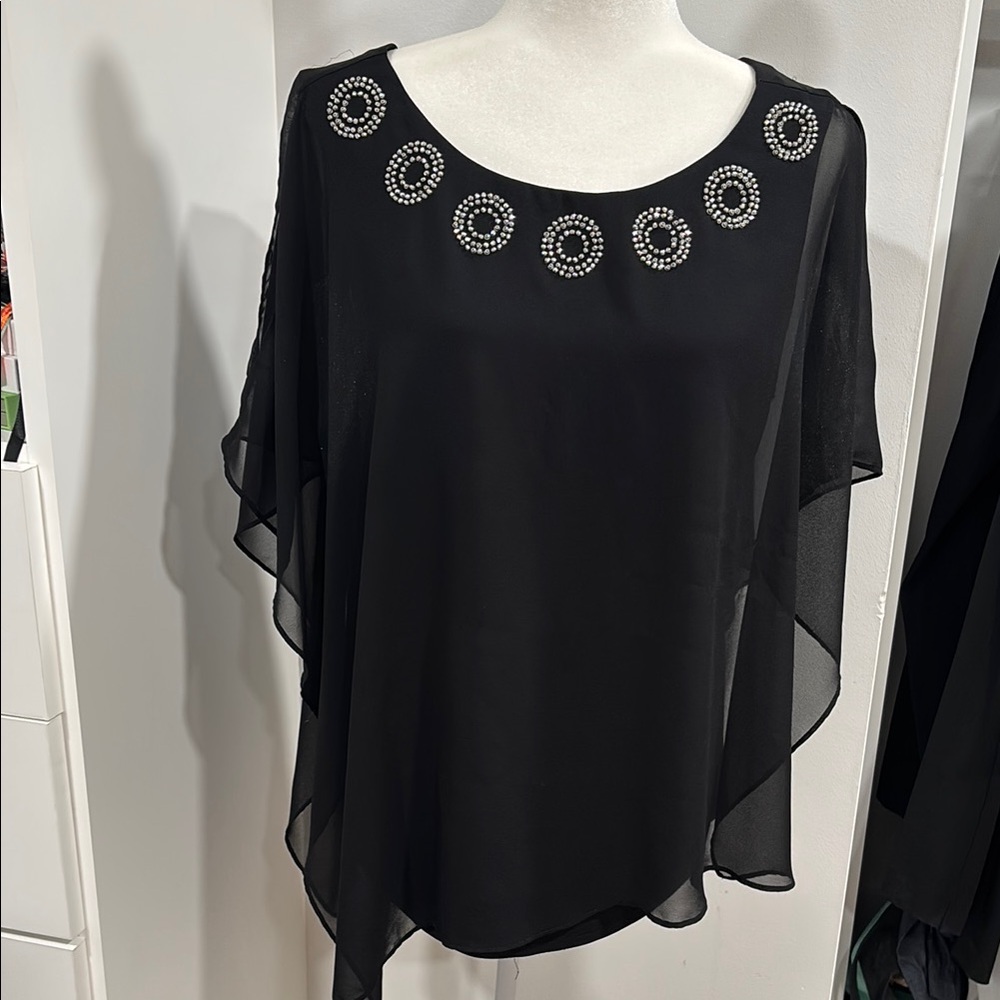 Coco Bianco Black Asymmetrical Blouse with Bell Sleeves